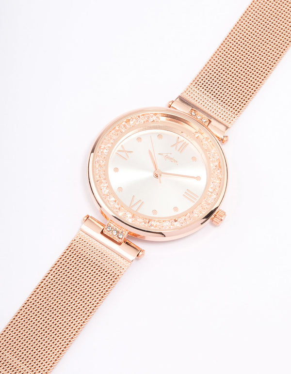 Rose Gold Crystal & Mesh Watch