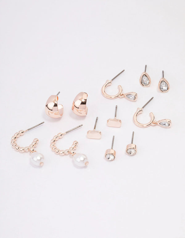 Rose Gold Diamante & Pearl Mixed Earrings 6-Pack