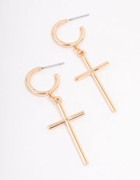 Gold Huggie Cross Pendant Earrings - link has visual effect only