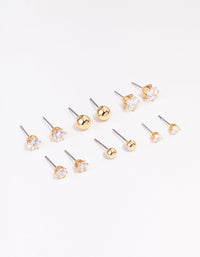 Gold Cubic Zirconia & Ball Stud Earrings 6-Pack - link has visual effect only