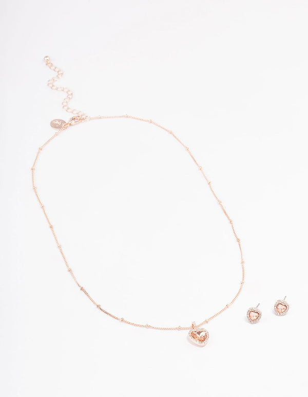 Rose Gold Heart Halo Ball Necklace & Stud Earring Pack