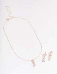 Rose Gold Leafy Diamante & Pearl Jewellery Set - link has visual effect only