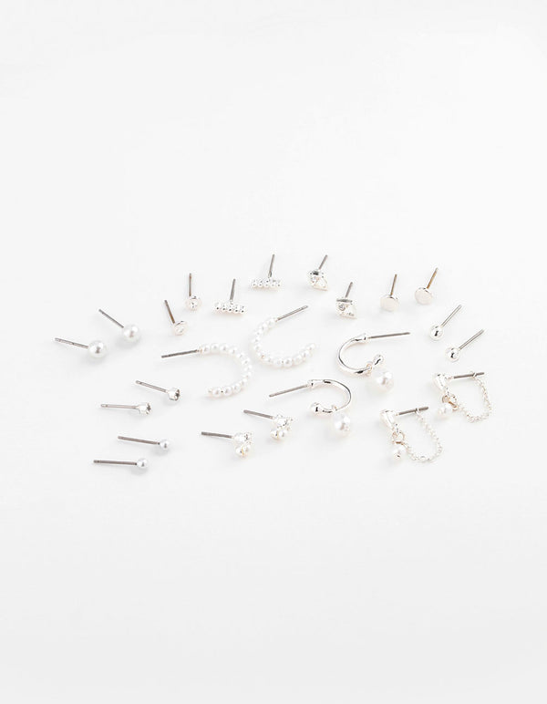 Silver Pearl Mixed Stud & Hoop Earring 12-Pack