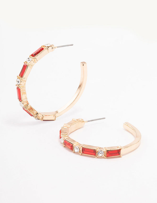 Gold Baguette Red Hoop Earrings