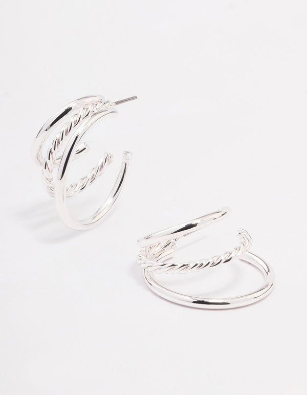 Silver Plain & Twisted Illusion Hoop Earrings