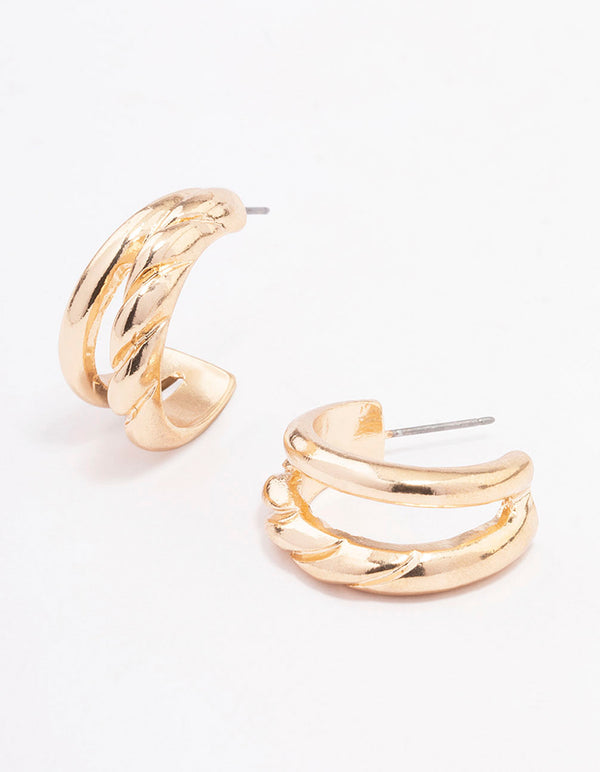 Gold Plain & Twisted Double Hoop Earrings