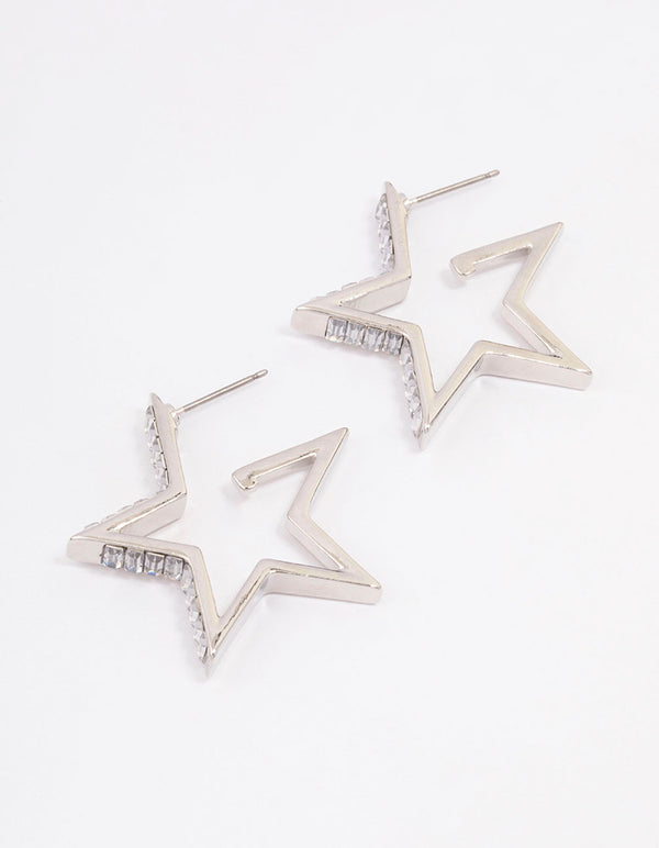 Rhodium Baguette Diamante Star Hoop Earrings