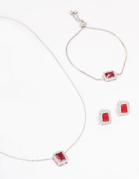 Rhodium Ruby Diamond Simulant Halo Jewellery Set - link has visual effect only