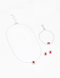 Rhodium Ruby Diamond Simulant Halo Jewellery Set - link has visual effect only