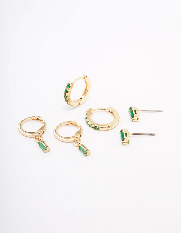 Gold Plated Baguette Stud & Huggie Earring Pack