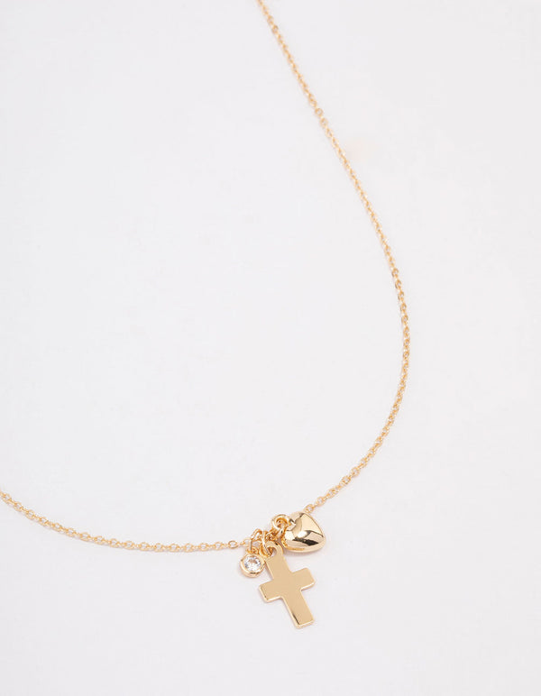 Gold Plated Cross Heart Charm Pendant Necklace