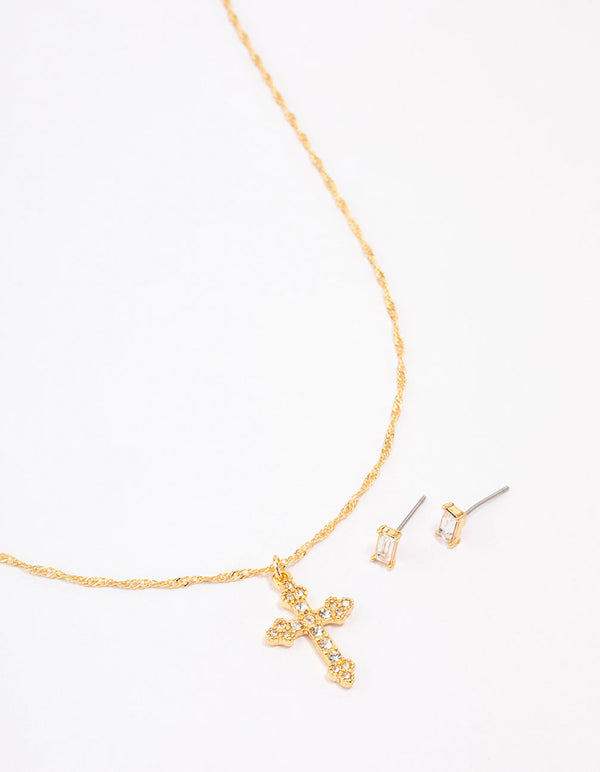 Gold Plated Diamante Cross Jewellery Set