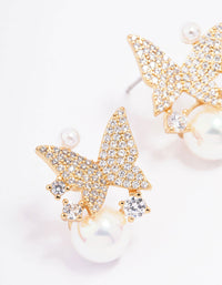 Gold Plated Pearl & Butterfly Cubic Zirconia Stud Earrings - link has visual effect only