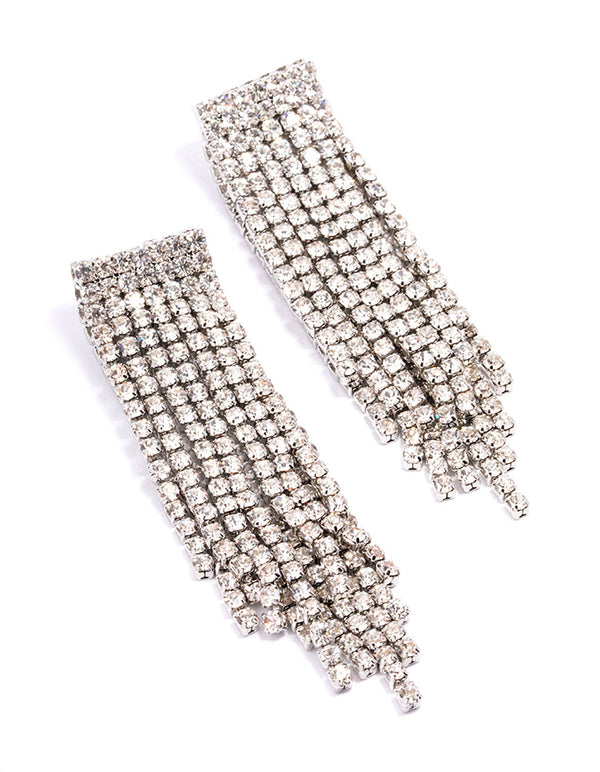 Rhodium Double Diamante Cupchain Drop Earrings