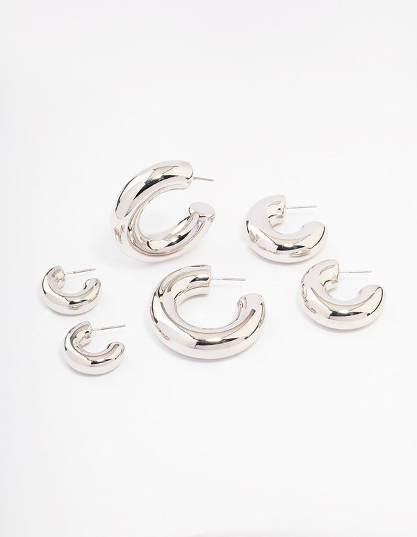 Rhodium Thick Smooth Hoop Earrings 3-Pack