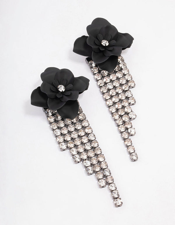 Black Flower Diamante Cup Chain Drop Earrings