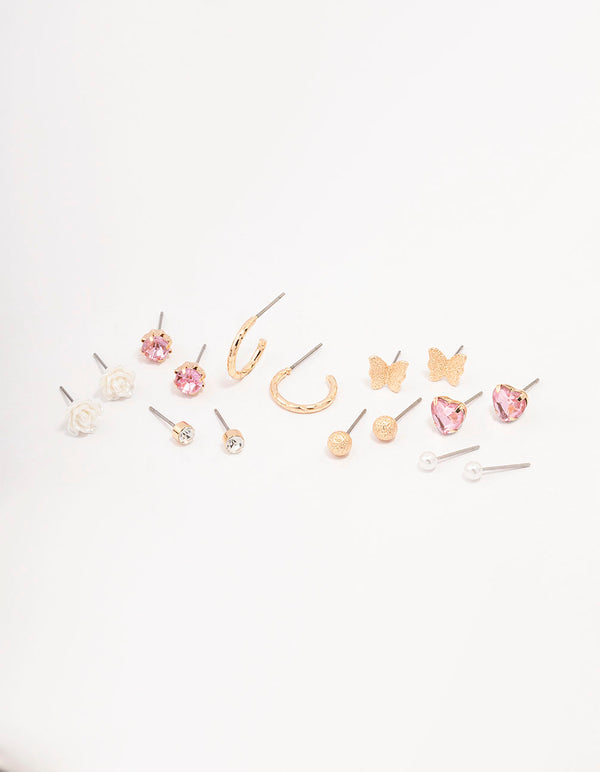 Gold Rose & Butterfly Earring 8-Pack