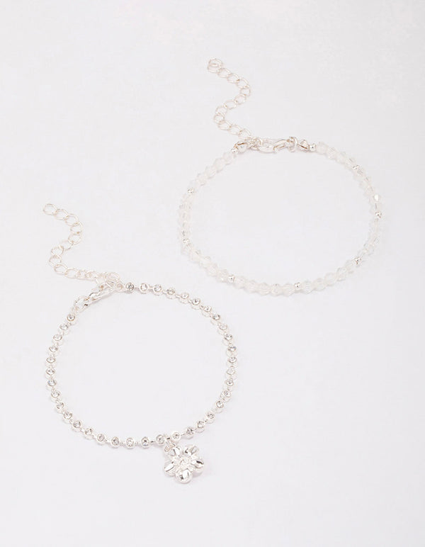 Silver Beaded Diamante Flower Bracelet Pack