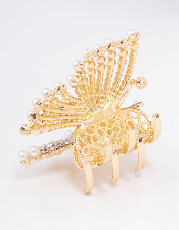 Gold Diamante Pearl Butterfly Hair Claw Clip