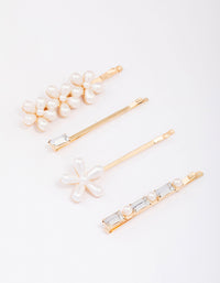 Gold Pearl Diamante Flower Hair Clip 4-Pack - link has visual effect only