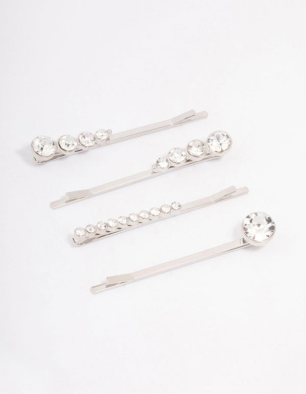 Silver Mixed Diamante Hair Clip 4-Pack