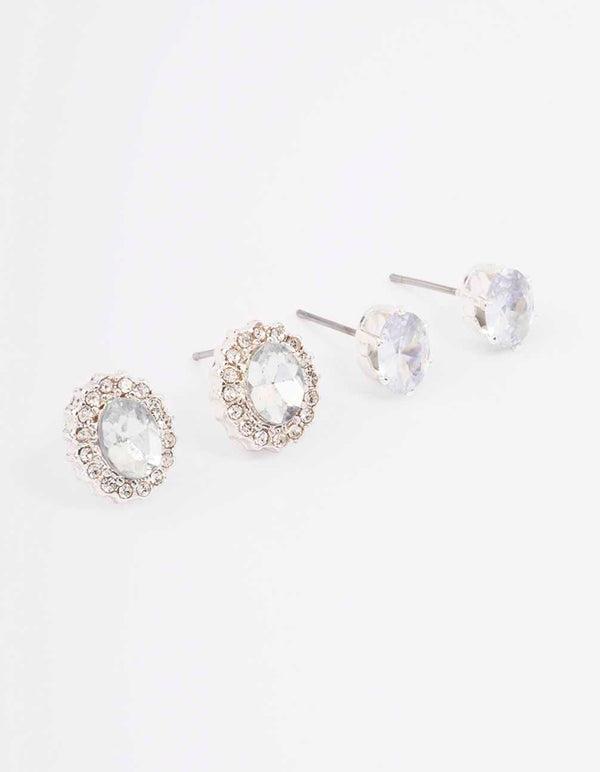 Silver Oval Halo Diamante Stud Earring Pack