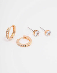 Gold Encased Diamante Stud & Hoop Earring Pack - link has visual effect only