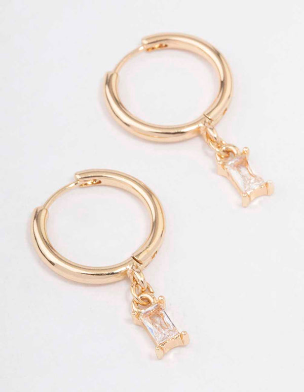 Gold Baguette Drop Huggie Earrings