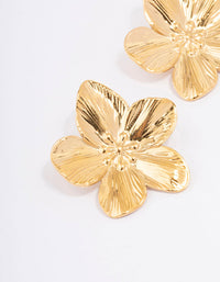 Waterproof Gold Plated Stainless Steel Textured Flower Stud Earrings - link has visual effect only