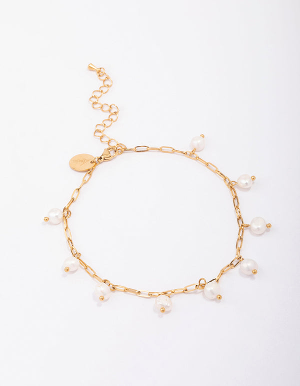 Waterproof Gold Plated Stainless Steel Station Freshwater Pearl Drop Anklet