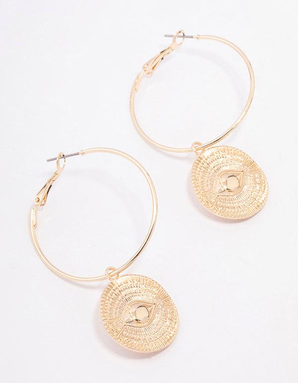 Gold Evil Eye Pendant Hoop Earrings