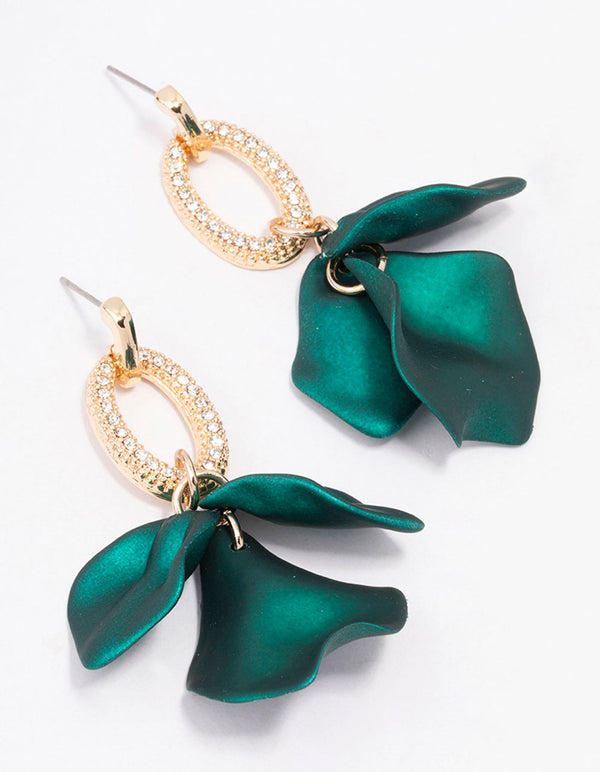 Gold & Green Petal Diamante Drop Earrings