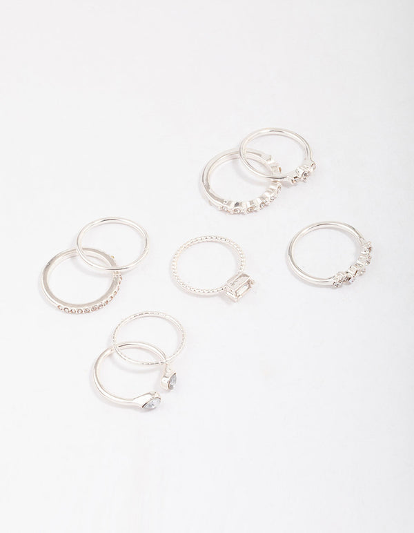 Silver Fine Diamante Ring 8-Pack