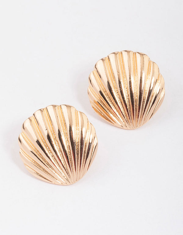 Gold Large Clam Stud Earrings