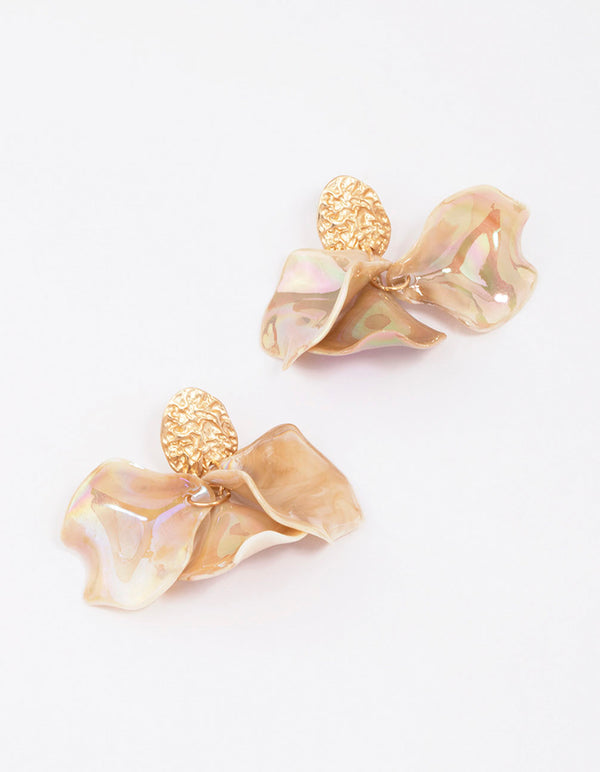 Gold Textured Petal Leaves Drop Earrings