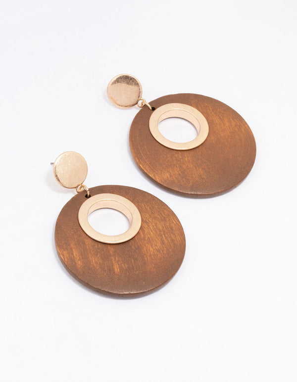 Gold Round Wooden Disc Drop Earrings