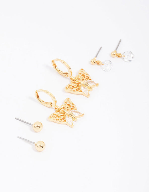 Gold Plated Cubic Zirconia Butterfly Earring 3-Pack