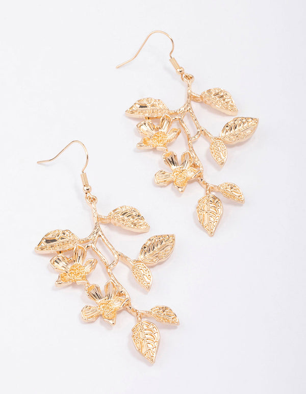 Gold Long Leaves Drop Earrings