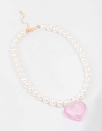 Gold & Pink Pearl Puffy Heart Necklace - link has visual effect only