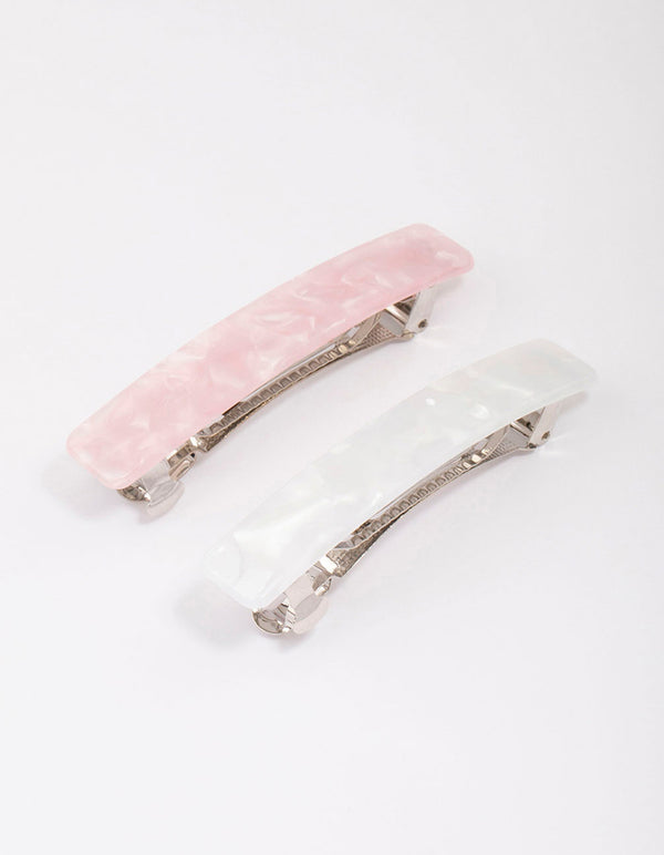 Pink & White Marble Barette Hair Clips