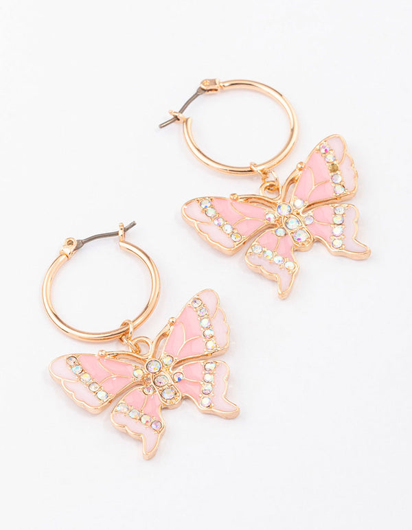 Gold Small Butterfly Pendant Hoop Earrings