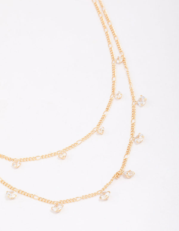 Gold Plated Brass Double Cubic Zirconia Droplet Layered Necklace