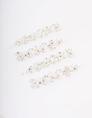 Silver Crystal & Pearl Leaf Hair Clip 4-Pack