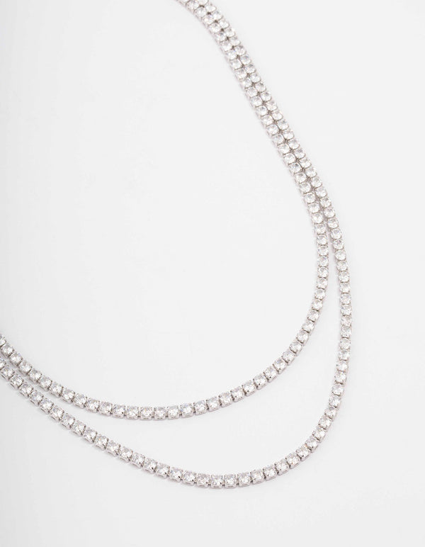 Rhodium Cubic Zirconia Round Cup Chain Layered Necklace