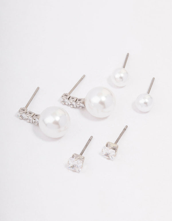 Rhodium Cubic Zirconia & Pearl Stud Earring 3-Pack