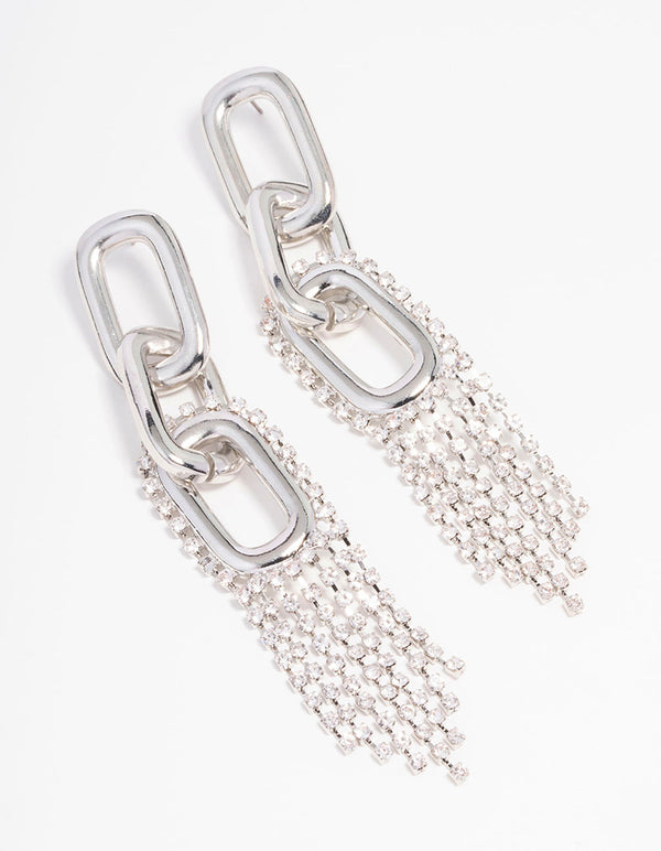 Rhodium Chain Diamante Cup Chain Drop Earrings