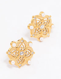 Waterproof Gold Plated Stainless Steel Diamante & Pearl Boho Stud Earrings - link has visual effect only