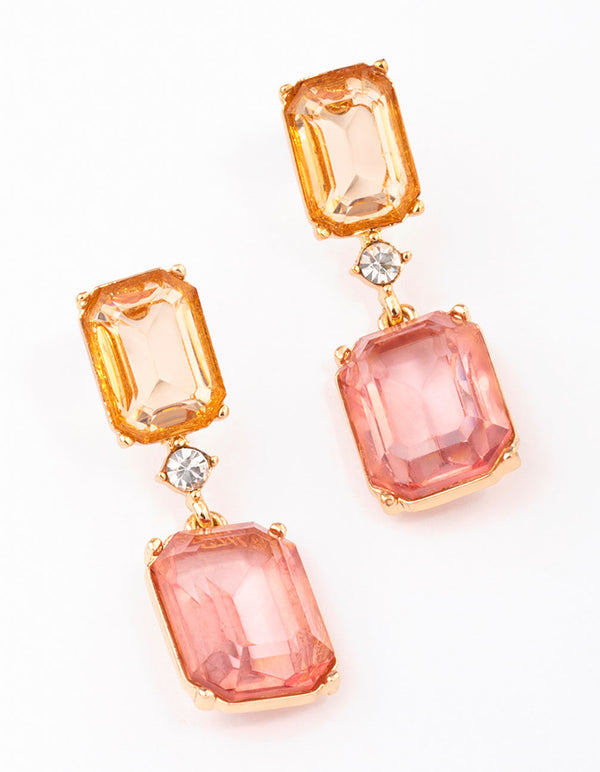 Gold Amber Square Stone Drop Earrings