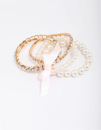 Gold & Pearl Beaded Bow Bracelet 4-Pack - link has visual effect only