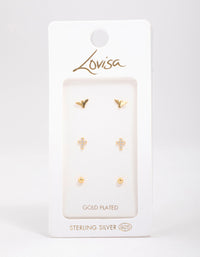 Gold Plated Sterling Silver Bird & Rose Stud Earring 3-Pack - link has visual effect only